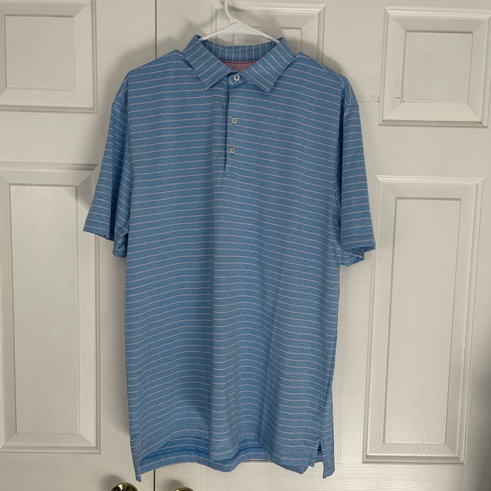 Johnnie-O golf shirt.  Light blue striped